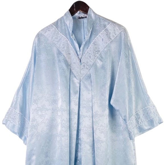 Vtg Christian Dior Loungewear Plus 2X 3X Kaftan Robe House Dress Blue Satin - Picture 2 of 5